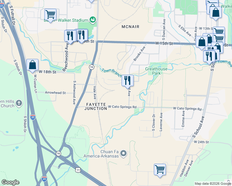 map of restaurants, bars, coffee shops, grocery stores, and more near 1193-1399 Pettigrew Street in Fayetteville