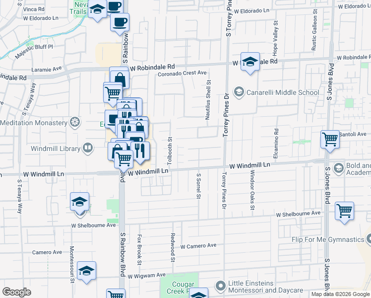 map of restaurants, bars, coffee shops, grocery stores, and more near 6653 Ashley House Court in Las Vegas