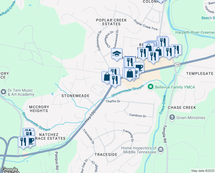 map of restaurants, bars, coffee shops, grocery stores, and more near 8216 Highway 100 in Nashville