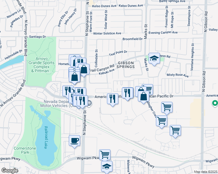 map of restaurants, bars, coffee shops, grocery stores, and more near 1318 Reef Point Avenue in Henderson