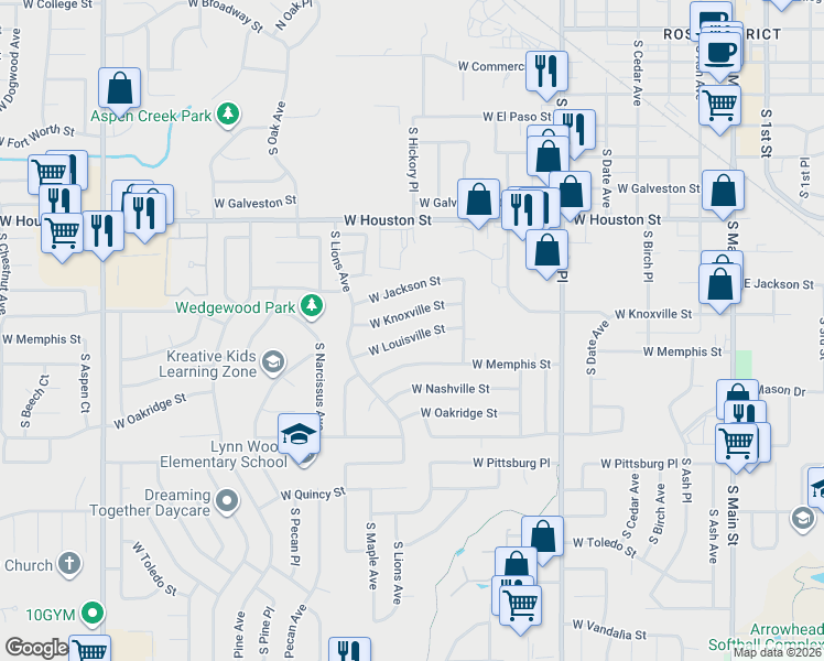 map of restaurants, bars, coffee shops, grocery stores, and more near 1208 West Louisville Street in Broken Arrow