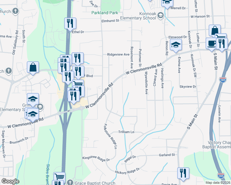 map of restaurants, bars, coffee shops, grocery stores, and more near 3701 Cora Drive in Winston-Salem