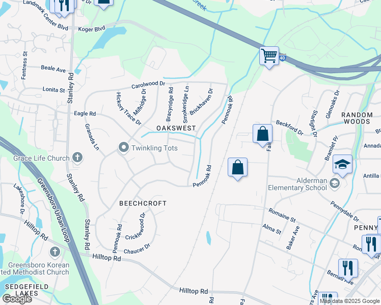 map of restaurants, bars, coffee shops, grocery stores, and more near 2204 Creekwood Drive in Greensboro