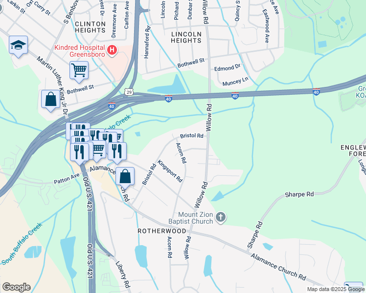map of restaurants, bars, coffee shops, grocery stores, and more near 1723 Bristol Road in Greensboro