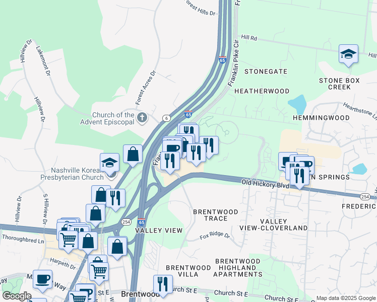 map of restaurants, bars, coffee shops, grocery stores, and more near 780 Old Hickory Boulevard in Brentwood
