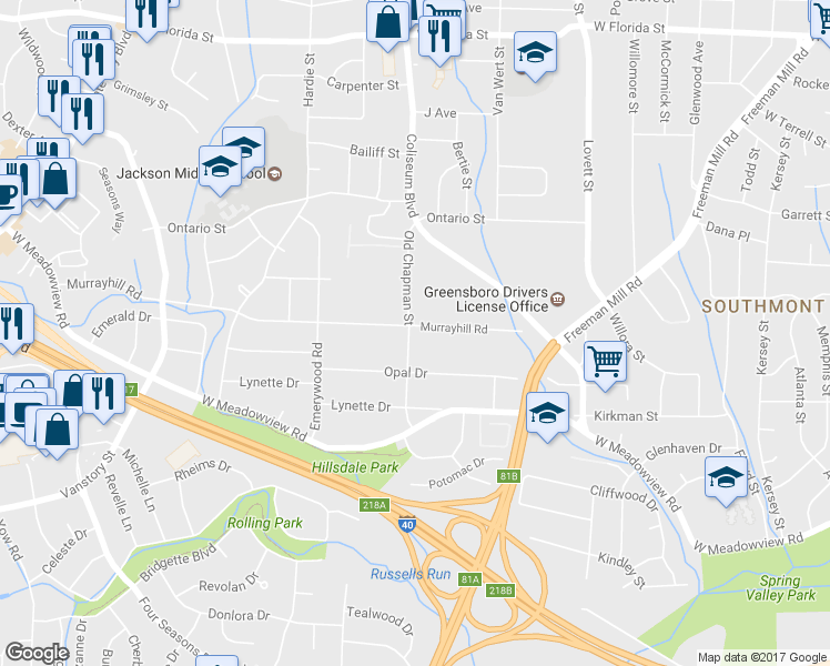 map of restaurants, bars, coffee shops, grocery stores, and more near 2501 Old Chapman Street in Greensboro