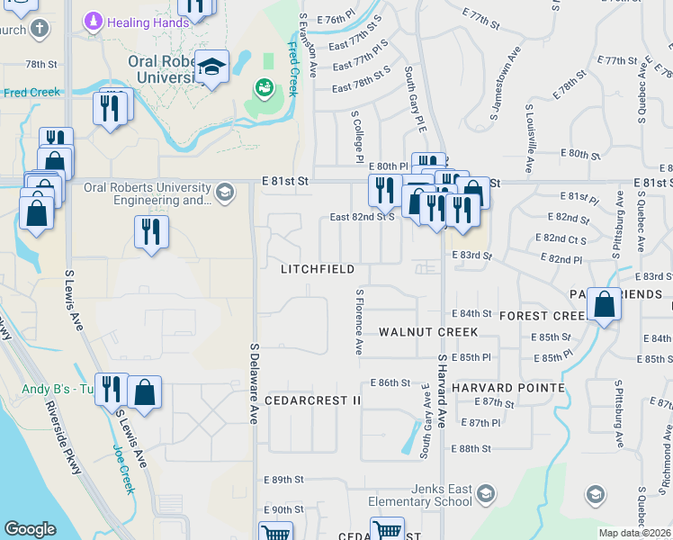 map of restaurants, bars, coffee shops, grocery stores, and more near 8245 South College Place in Tulsa