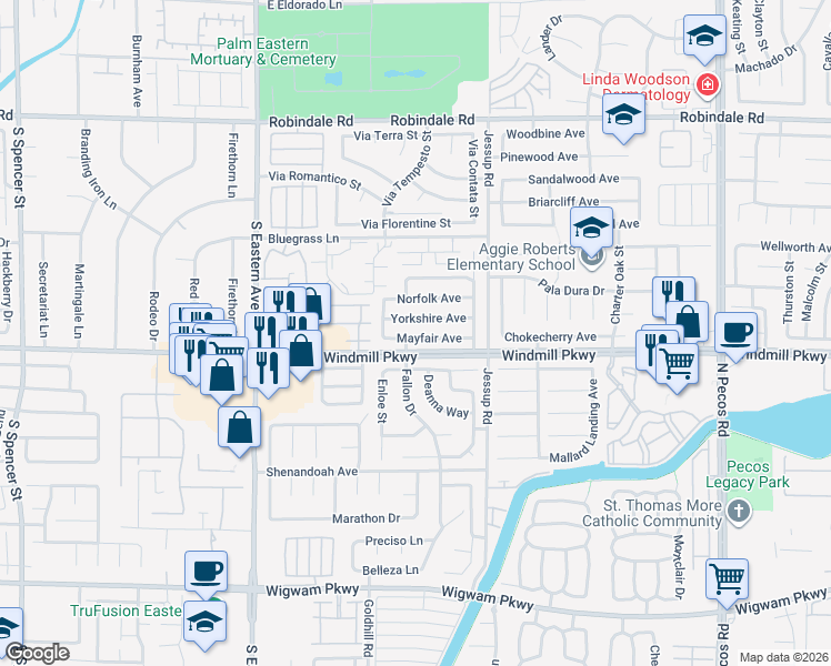 map of restaurants, bars, coffee shops, grocery stores, and more near 2824 Mayfair Avenue in Henderson