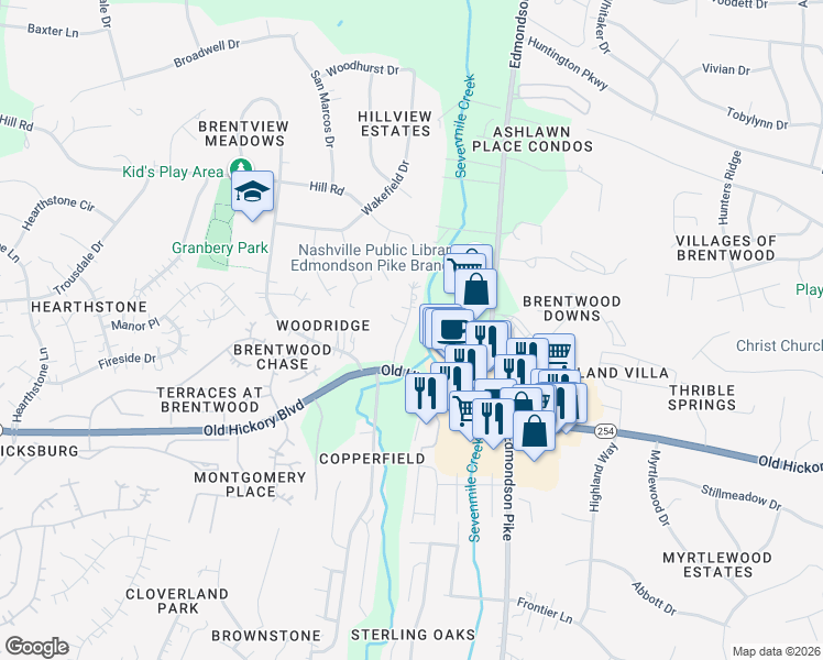 map of restaurants, bars, coffee shops, grocery stores, and more near 5604 Hickory Meadow Court in Brentwood