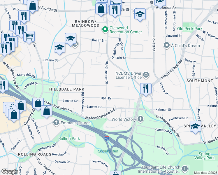 map of restaurants, bars, coffee shops, grocery stores, and more near 2501 Old Chapman Street in Greensboro