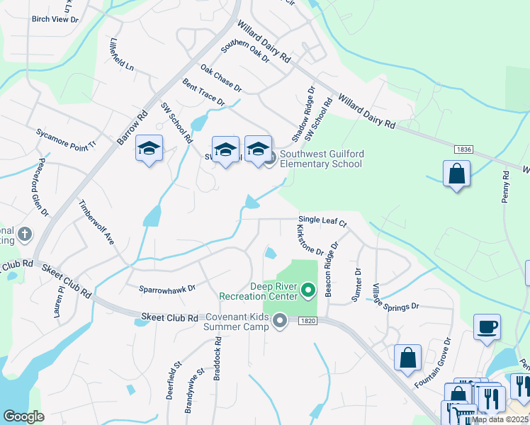 map of restaurants, bars, coffee shops, grocery stores, and more near 3617 Single Leaf Court in High Point