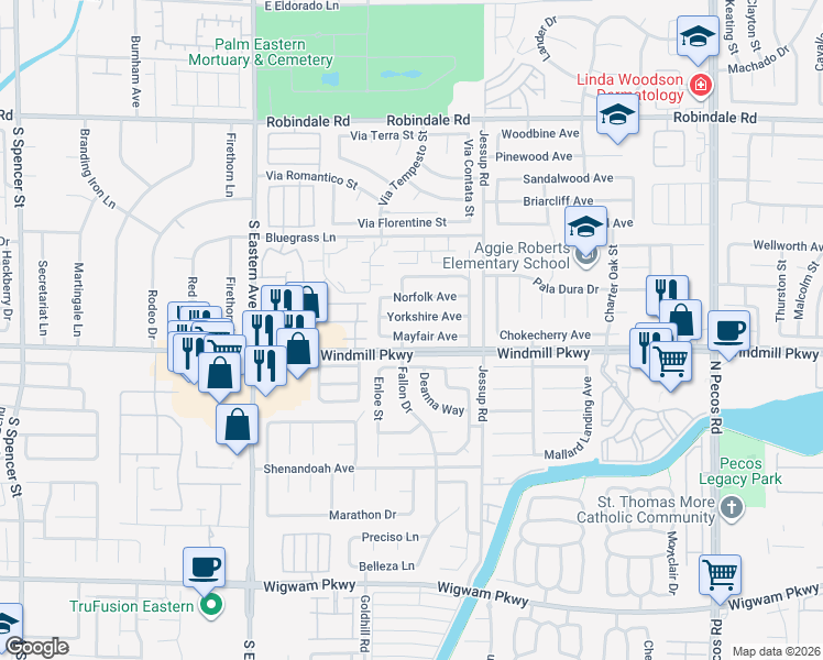 map of restaurants, bars, coffee shops, grocery stores, and more near 2824 Mayfair Avenue in Henderson