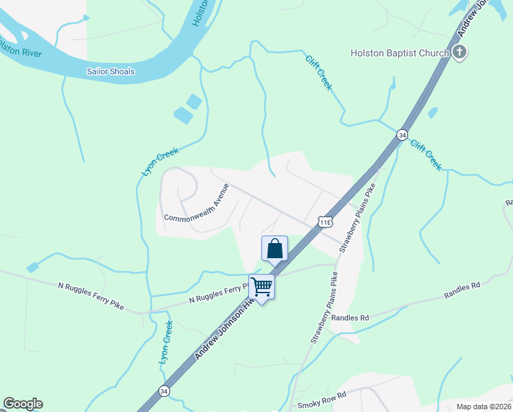 map of restaurants, bars, coffee shops, grocery stores, and more near 9360 Gabrielle Road in Strawberry Plains