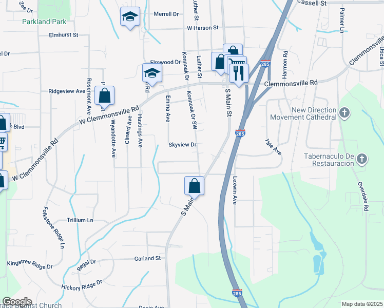 map of restaurants, bars, coffee shops, grocery stores, and more near 3750 Konnoak Drive Southwest in Winston-Salem