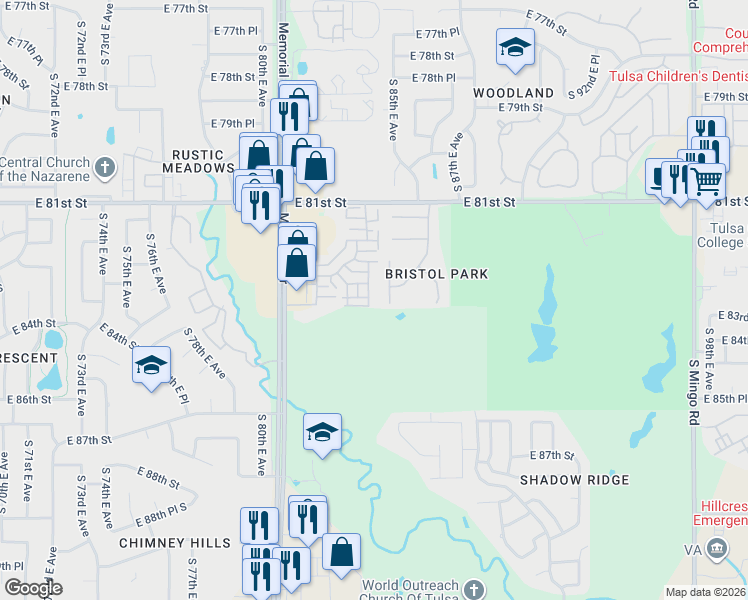 map of restaurants, bars, coffee shops, grocery stores, and more near 8505 East 83rd Street in Tulsa