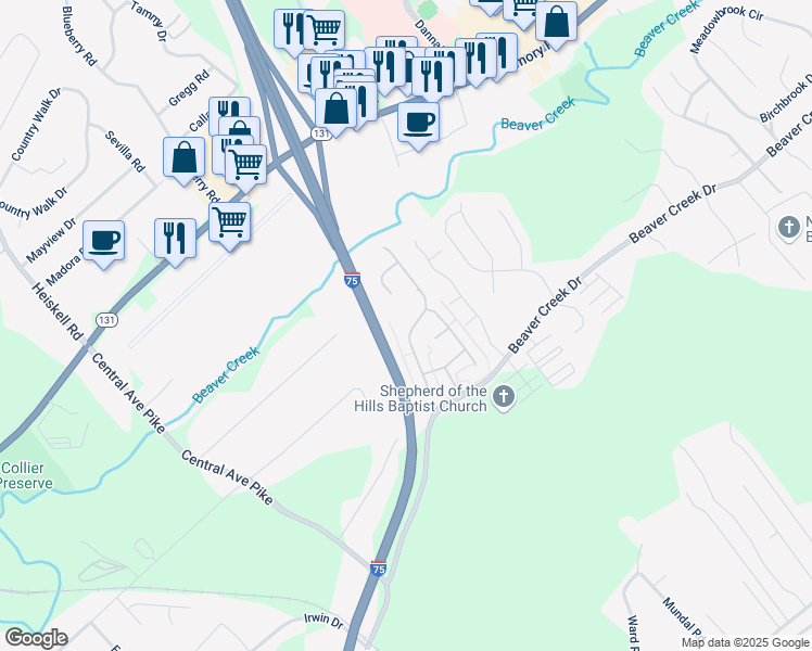 map of restaurants, bars, coffee shops, grocery stores, and more near 7401 Long Shot Lane in Knoxville