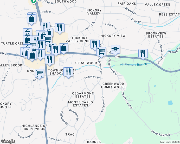map of restaurants, bars, coffee shops, grocery stores, and more near 416 Cedarvalley Drive in Nashville