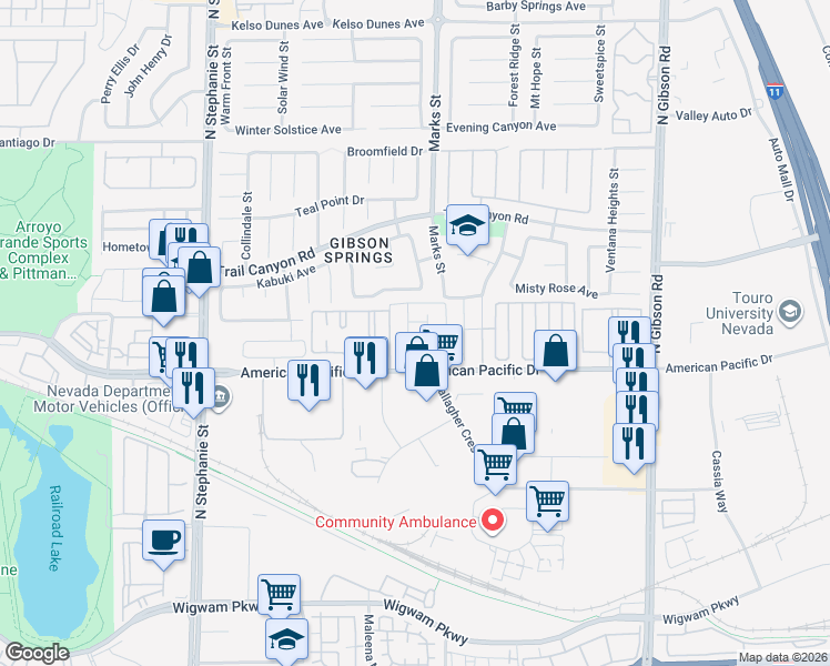 map of restaurants, bars, coffee shops, grocery stores, and more near 1204 Gumdrop Avenue in Henderson