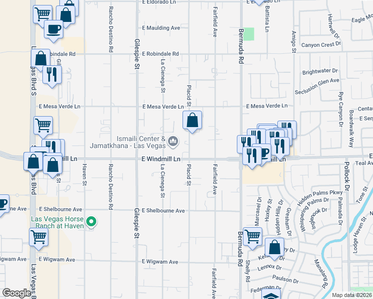 map of restaurants, bars, coffee shops, grocery stores, and more near 8025 Placid Street in Las Vegas