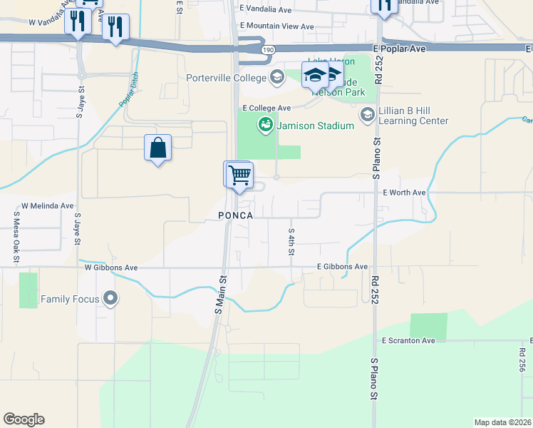 map of restaurants, bars, coffee shops, grocery stores, and more near 74 East Yates Avenue in Porterville