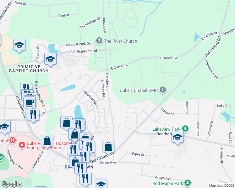 map of restaurants, bars, coffee shops, grocery stores, and more near 3806 Danube Lane in Durham