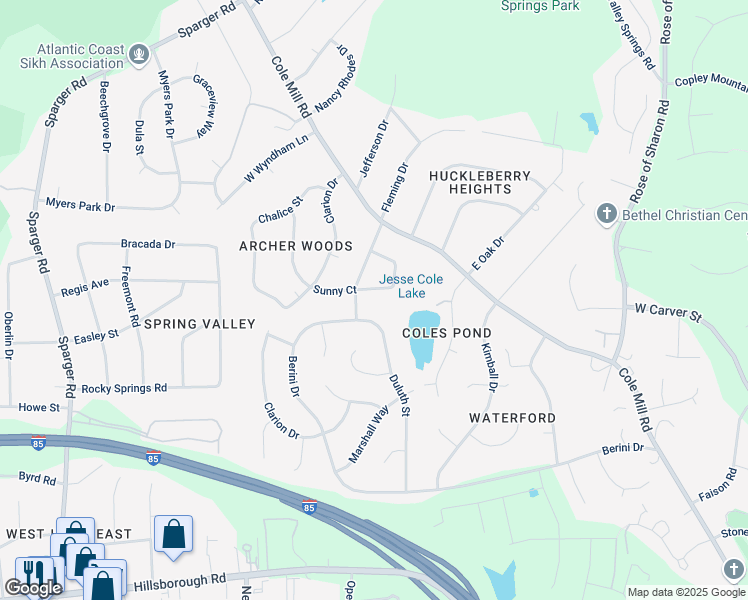 map of restaurants, bars, coffee shops, grocery stores, and more near 4200 Sunny Court in Durham