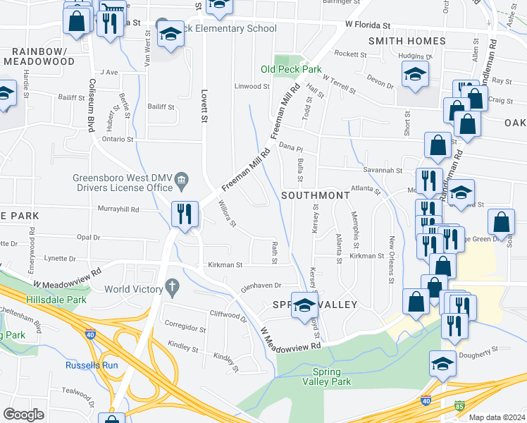 map of restaurants, bars, coffee shops, grocery stores, and more near 1816 McCormick Street in Greensboro