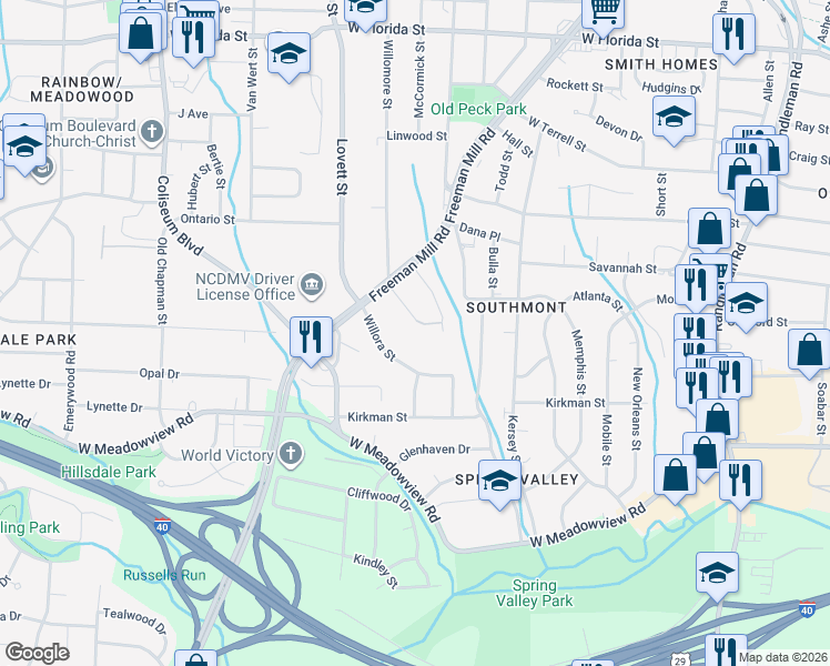 map of restaurants, bars, coffee shops, grocery stores, and more near 1816 McCormick Street in Greensboro