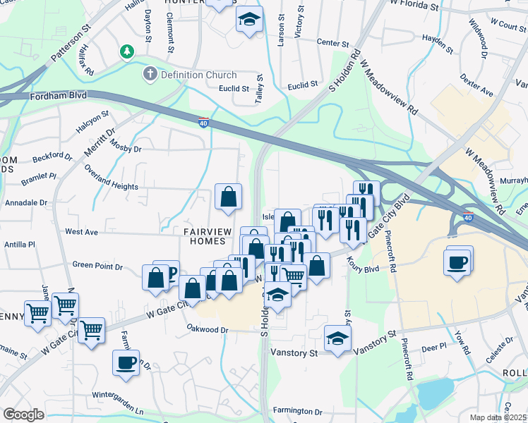 map of restaurants, bars, coffee shops, grocery stores, and more near 1926 Cedar Fork Drive in Greensboro