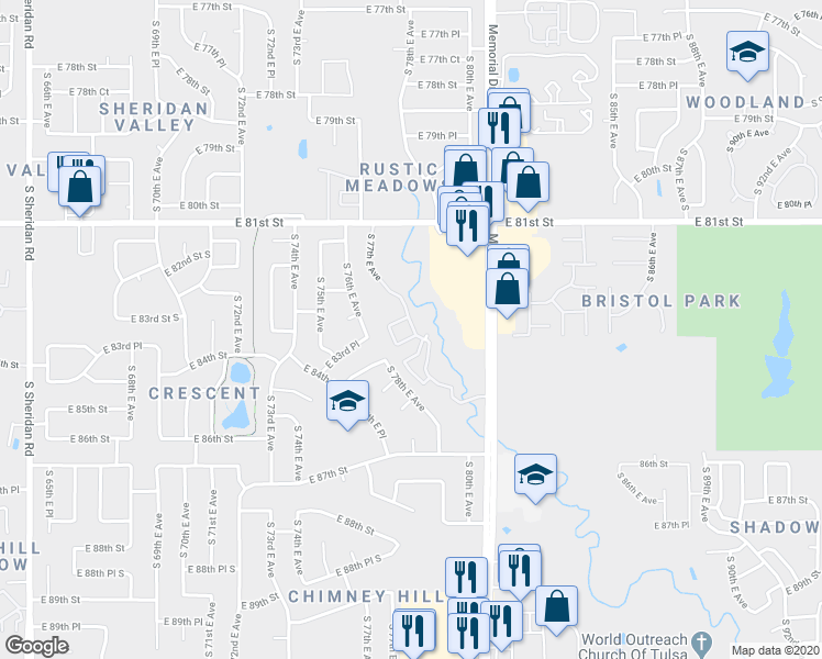 map of restaurants, bars, coffee shops, grocery stores, and more near 8227 South 77th East Avenue in Tulsa