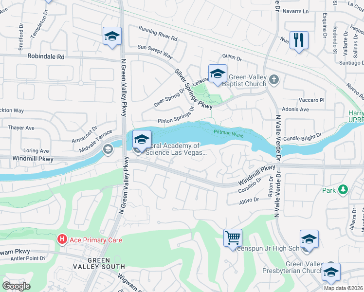 map of restaurants, bars, coffee shops, grocery stores, and more near 2106 Cimarron Hill Drive in Henderson