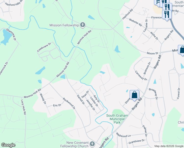 map of restaurants, bars, coffee shops, grocery stores, and more near 720 Thompson Rd in Graham
