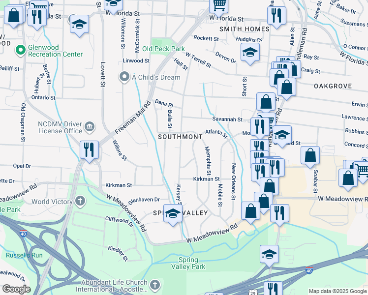 map of restaurants, bars, coffee shops, grocery stores, and more near 2309 Kersey Street in Greensboro