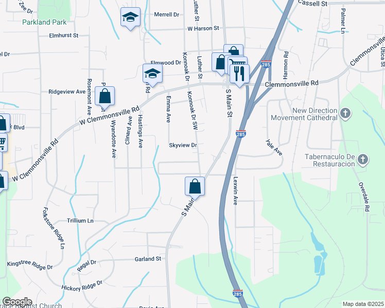 map of restaurants, bars, coffee shops, grocery stores, and more near 3750 Konnoak Drive Southwest in Winston-Salem