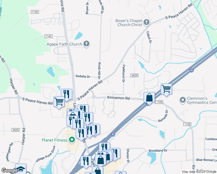 map of restaurants, bars, coffee shops, grocery stores, and more near 945 Parker Court in Winston-Salem