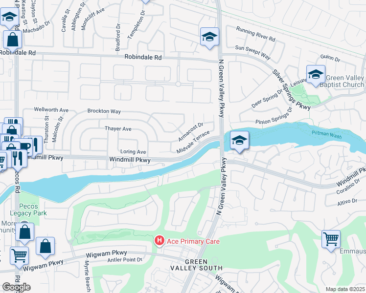 map of restaurants, bars, coffee shops, grocery stores, and more near 2228 Midvale Terrace in Henderson