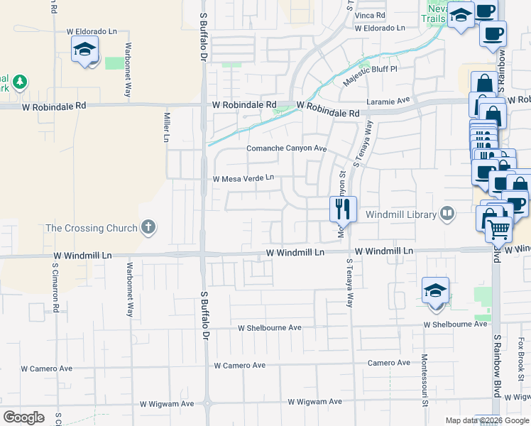 map of restaurants, bars, coffee shops, grocery stores, and more near 7584 Pioneer Ranch Avenue in Las Vegas