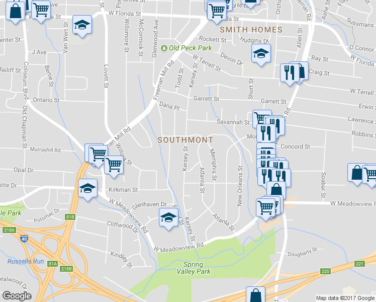 map of restaurants, bars, coffee shops, grocery stores, and more near 2309 Kersey Street in Greensboro