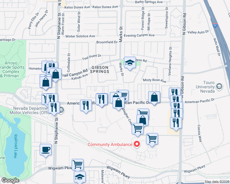 map of restaurants, bars, coffee shops, grocery stores, and more near 1204 Gumdrop Avenue in Henderson
