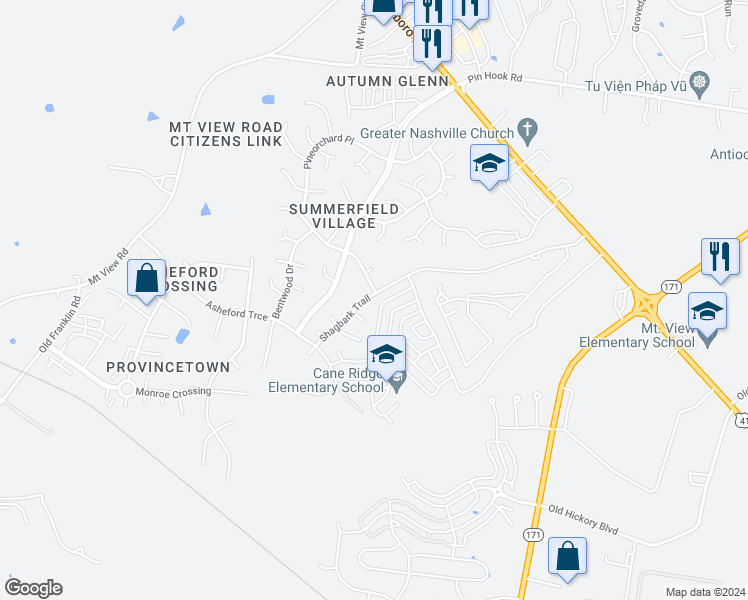 map of restaurants, bars, coffee shops, grocery stores, and more near 4240 Shagbark Trail in Nashville