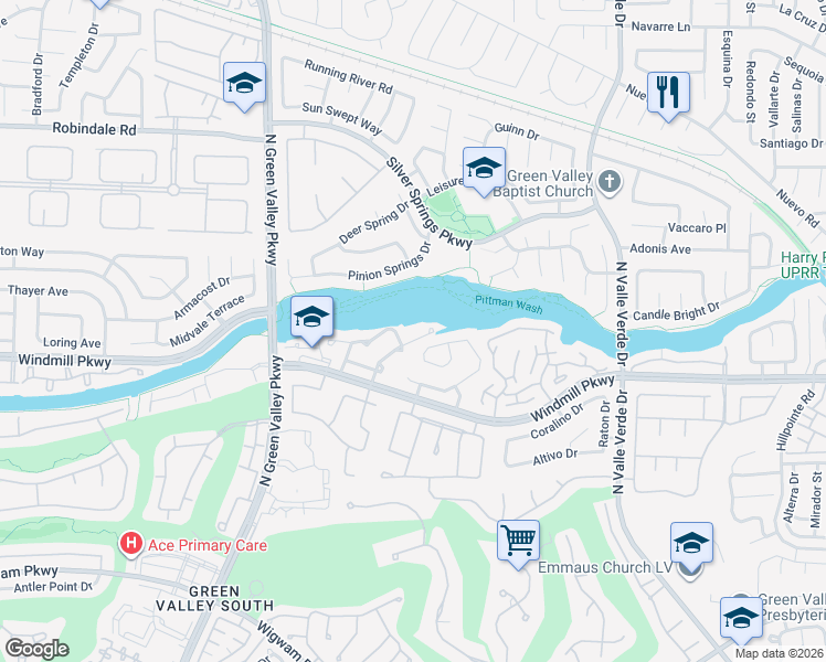 map of restaurants, bars, coffee shops, grocery stores, and more near 2106 Cimarron Hill Drive in Henderson