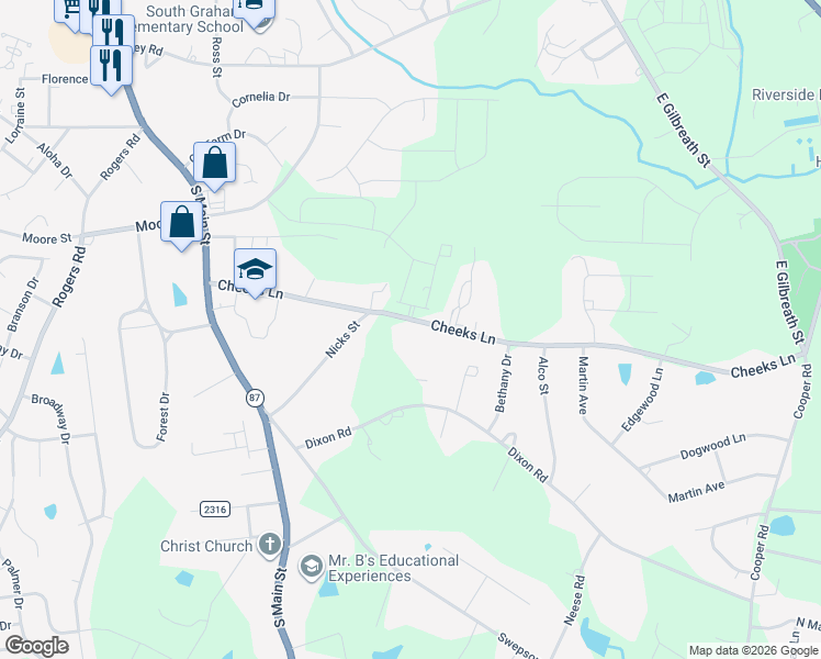 map of restaurants, bars, coffee shops, grocery stores, and more near 441 Cheeks Lane in Graham