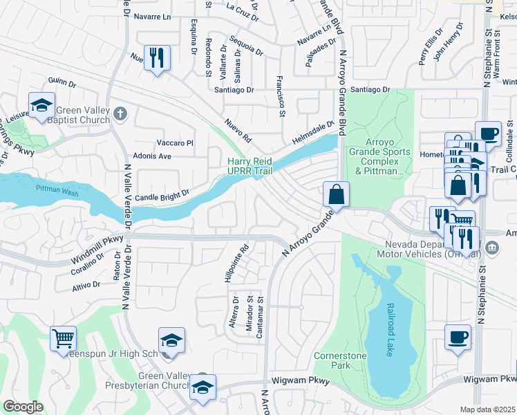 map of restaurants, bars, coffee shops, grocery stores, and more near 1735 Millstream Way in Henderson