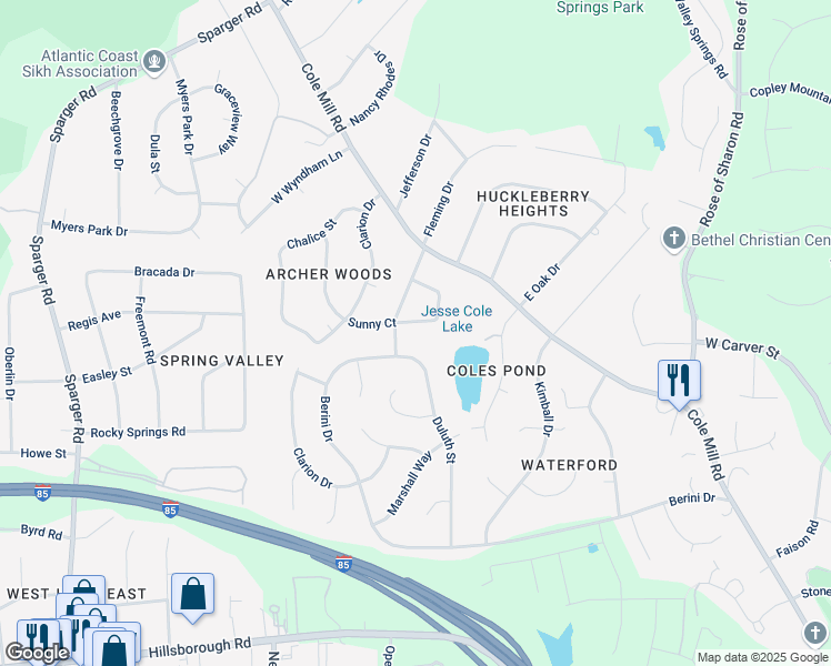map of restaurants, bars, coffee shops, grocery stores, and more near 4200 Sunny Court in Durham