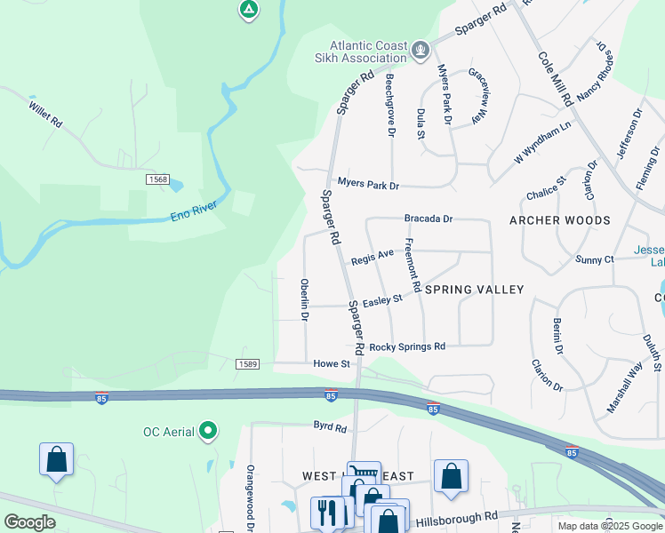 map of restaurants, bars, coffee shops, grocery stores, and more near 2713 Sparger Road in Durham