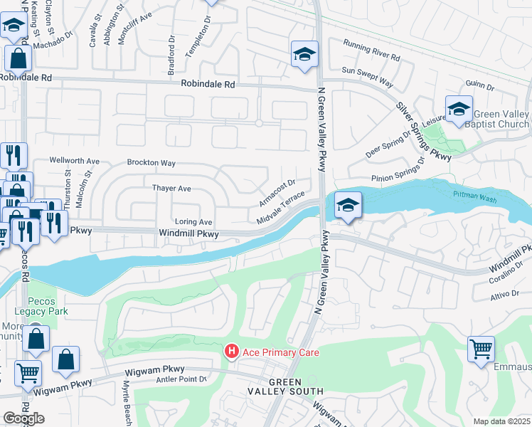map of restaurants, bars, coffee shops, grocery stores, and more near 2228 Midvale Terrace in Henderson