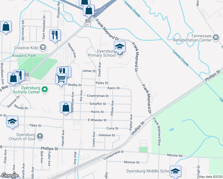 map of restaurants, bars, coffee shops, grocery stores, and more near 1810 Ayers Street in Dyersburg
