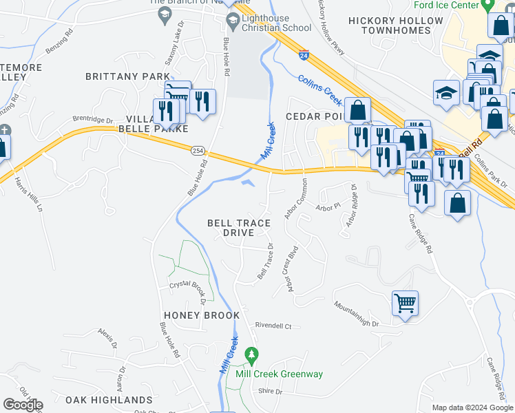map of restaurants, bars, coffee shops, grocery stores, and more near 303 Leisure Court in Nashville