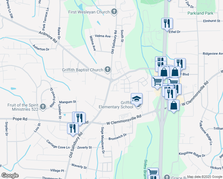 map of restaurants, bars, coffee shops, grocery stores, and more near 2041 Salisbury Square in Winston-Salem