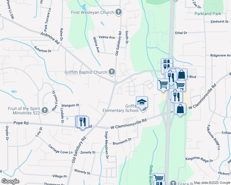 map of restaurants, bars, coffee shops, grocery stores, and more near 2041 Salisbury Square in Winston-Salem
